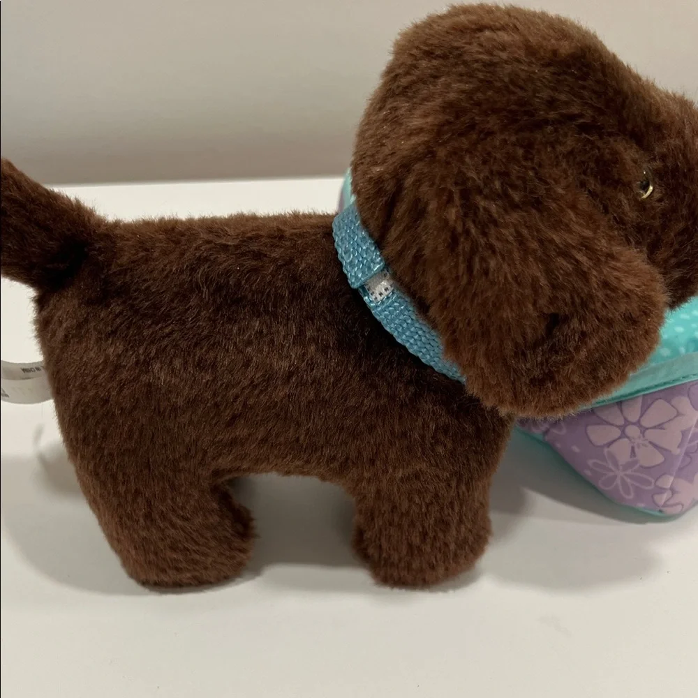 American Girl Brown Plush Dog with Teal and Purple Bed